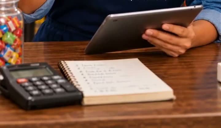 Calculadora y cuaderno de cuentas sobre el mostrador de la tienda