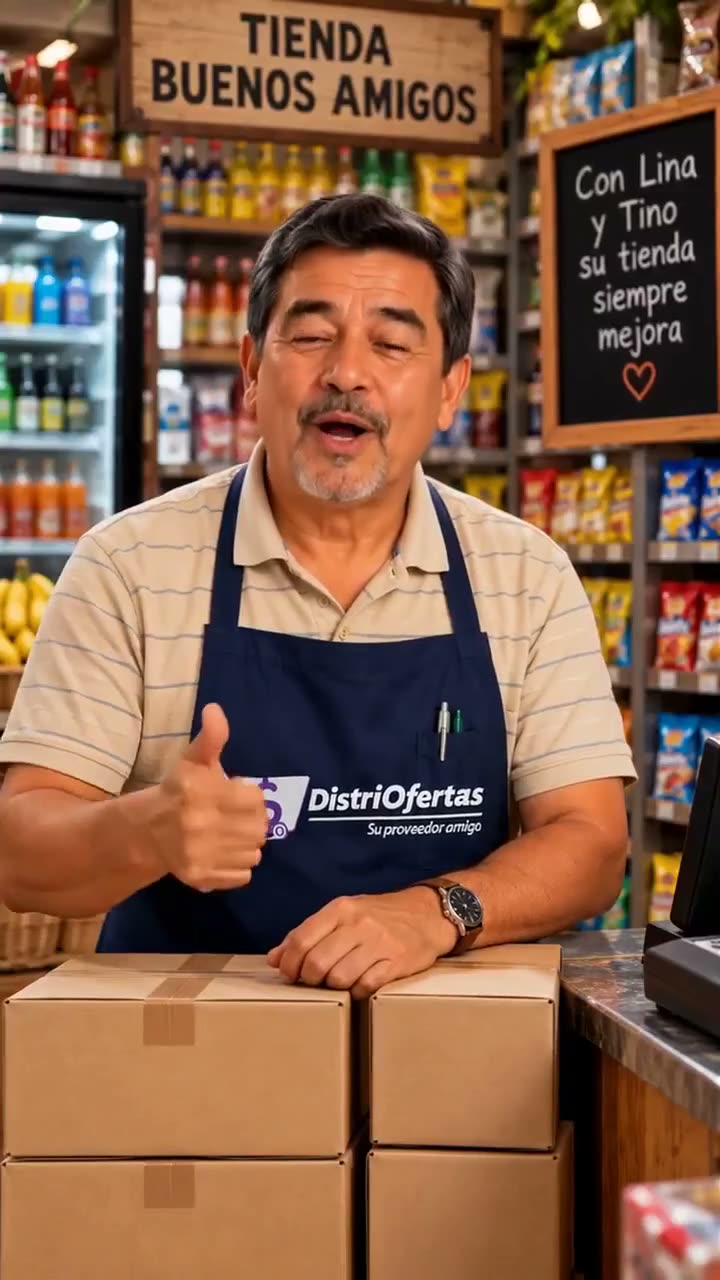 Tino, el tendero, en su tienda con cajas sobre el mostrador