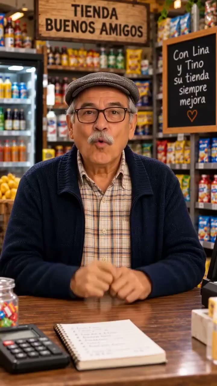Vecino conversando en el mostrador de una tienda de barrio con estantes llenos